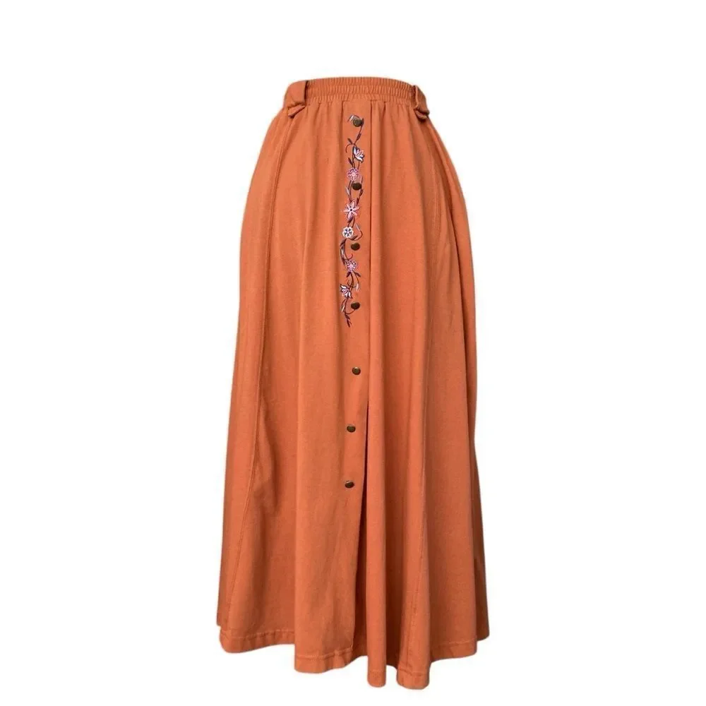 Vintage White Stag Embroidered Button-Down Skirt in Rust Color Size Medium